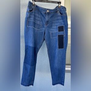 Indigo Thread Patchwork Denim Cropped Jeans Size 18W Frayed Hem Stretchy Boho
